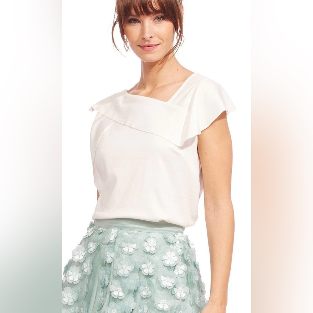 #4 asymmetrical top with an offset V-neck and a flutter sleeve, size S